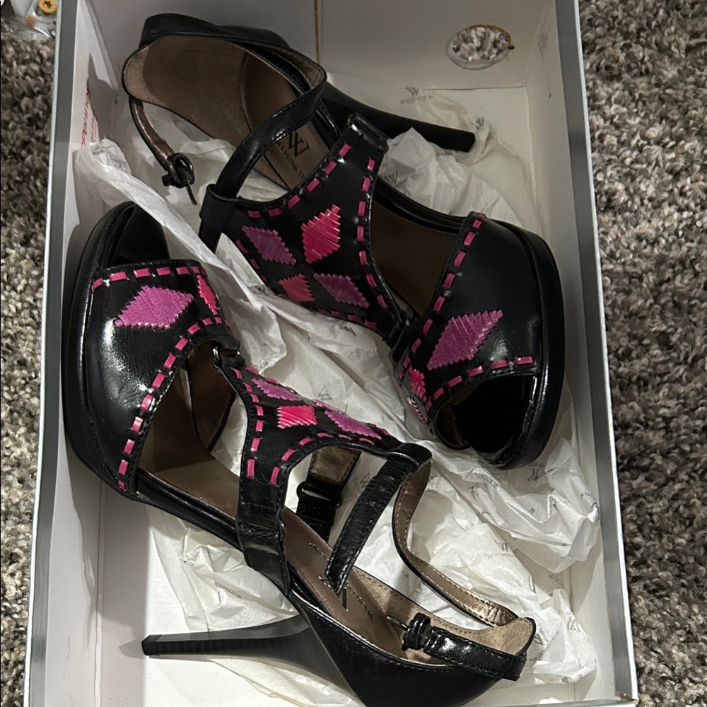 Worthington Black Heels with Pink Geometric Design